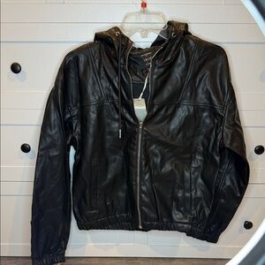 Iris faux leather hooded zip front jacket